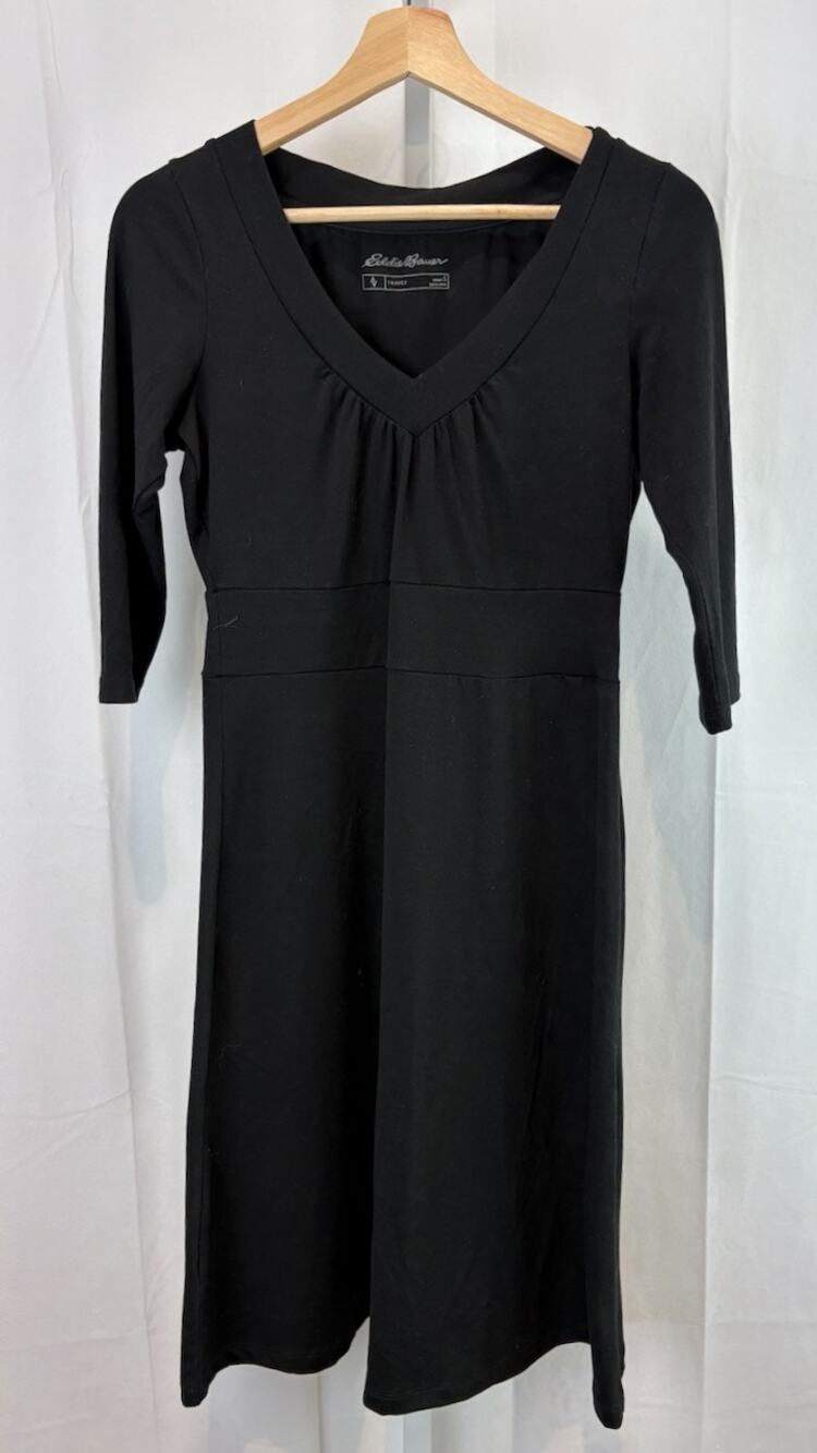 EDDIE BAUER Size S Travex Dress V Neck 3/4 Elbow Sleeve Knee Length Black